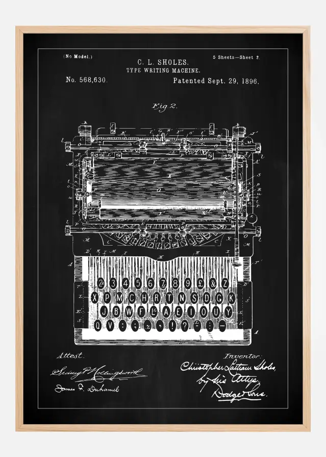 Bildverkstad Patenttekening - Typmachine - Zwart Poster